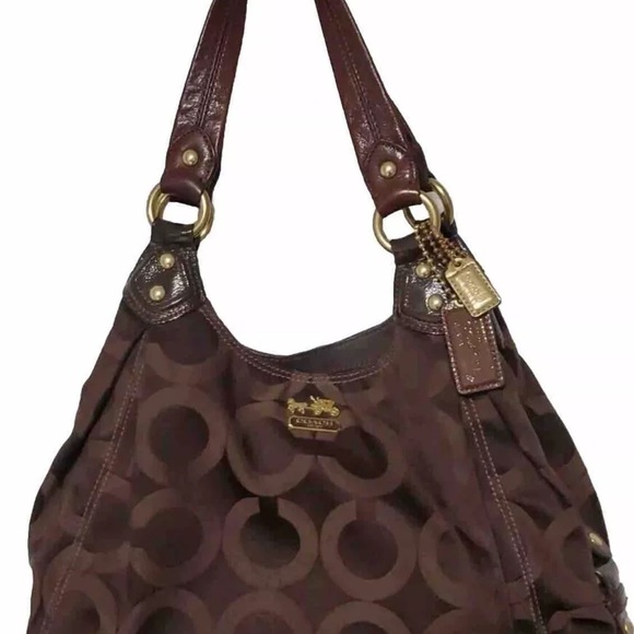 Coach Madison Maggie Bag Dark brown Gold Purple lining Signature C Pockets Hobo - Picture 4 of 15